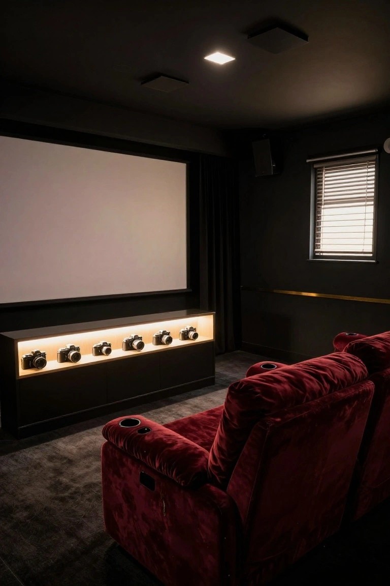 Dark home theater room with projection screen on wall, backlit shelf below displaying six vintage cameras, two red velvet recliner chairs, dark walls, and carpeted floor.