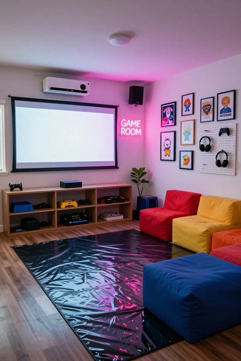 Gaming room interior with projector screen on wall, neon