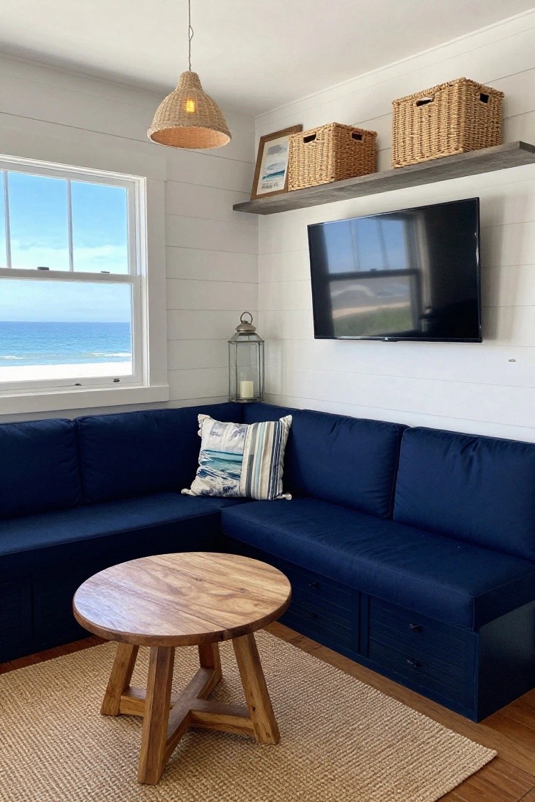 A cozy indoor room featuring a navy blue L-shaped sofa with storage drawers in the corner, a round wooden table, wall-mounted TV, ocean view through a large window, white shiplap walls, and rattan baskets on floating shelves.