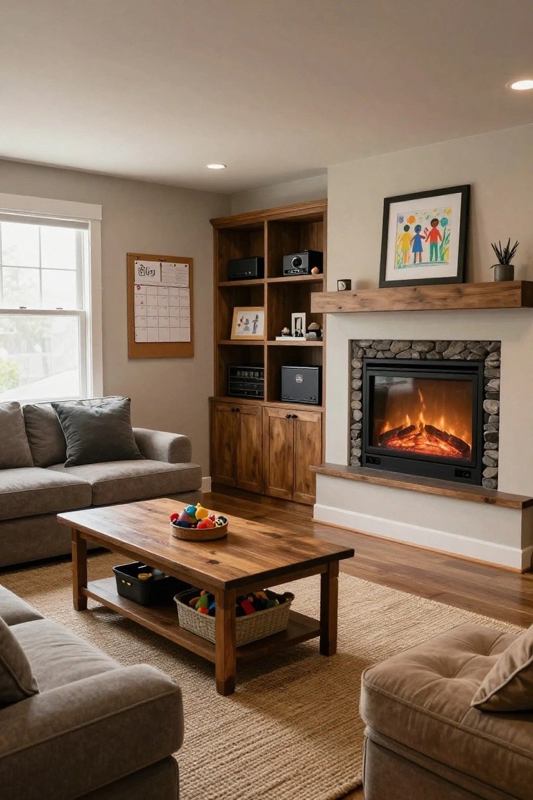 Living room with gray L-shaped sofa, wooden coffee table holding woven basket of colorful balls and toy basket, built-in wooden cabinets and open shelves flanking a black-framed electric fireplace with stone surround and wooden mantel, calendar on wall near window.