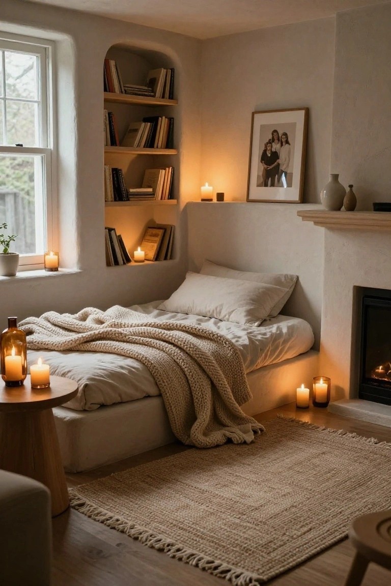 Low white platform bed with rumpled white sheets and beige knit throw in a light beige arched alcove, surrounded by wooden bookshelves filled with books, several lit candles on shelves and side table, beige rug on wood floor, small wood stool, potted plant by window, and fireplace in corner.