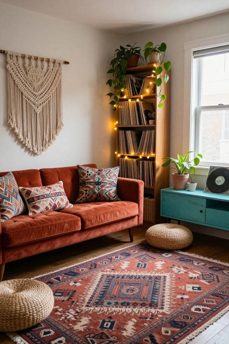 Cozy indoor room with rust velvet sofa on patterned terracotta rug, colorful patterned pillows, teal sideboard holding a vinyl record, tall wooden bookshelf with string lights vinyl records and potted plants, macrame wall hanging, two seagrass poufs, and additional houseplants near a window.