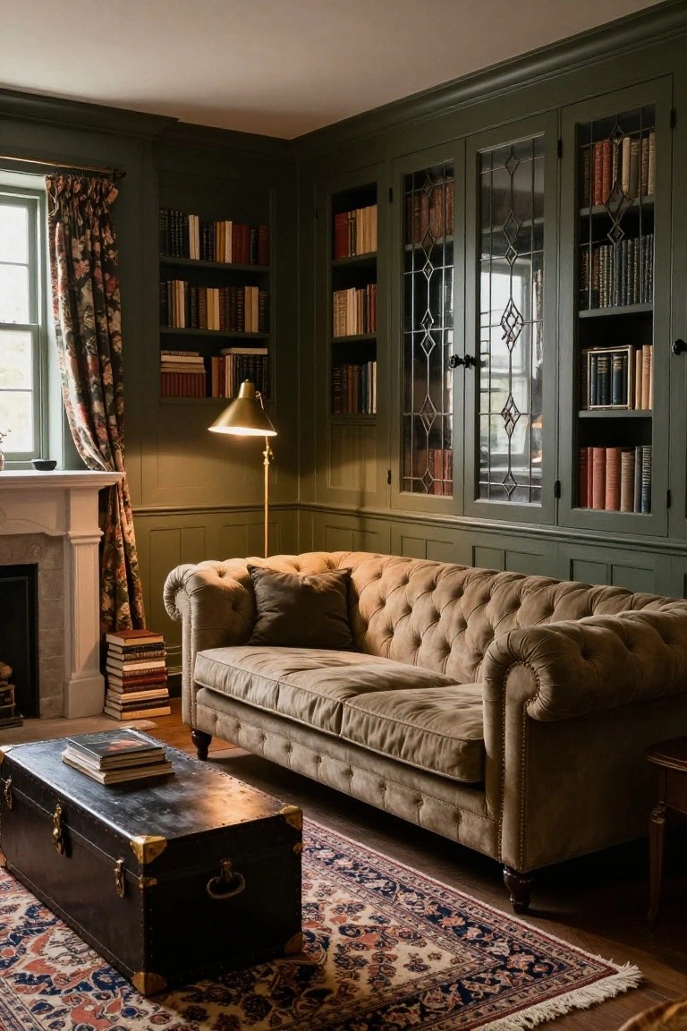 Green paneled interior room with glass-fronted bookshelves filled with books, beige tufted Chesterfield sofa, black trunk coffee table on red and blue patterned rug, brass floor lamp, and marble fireplace.