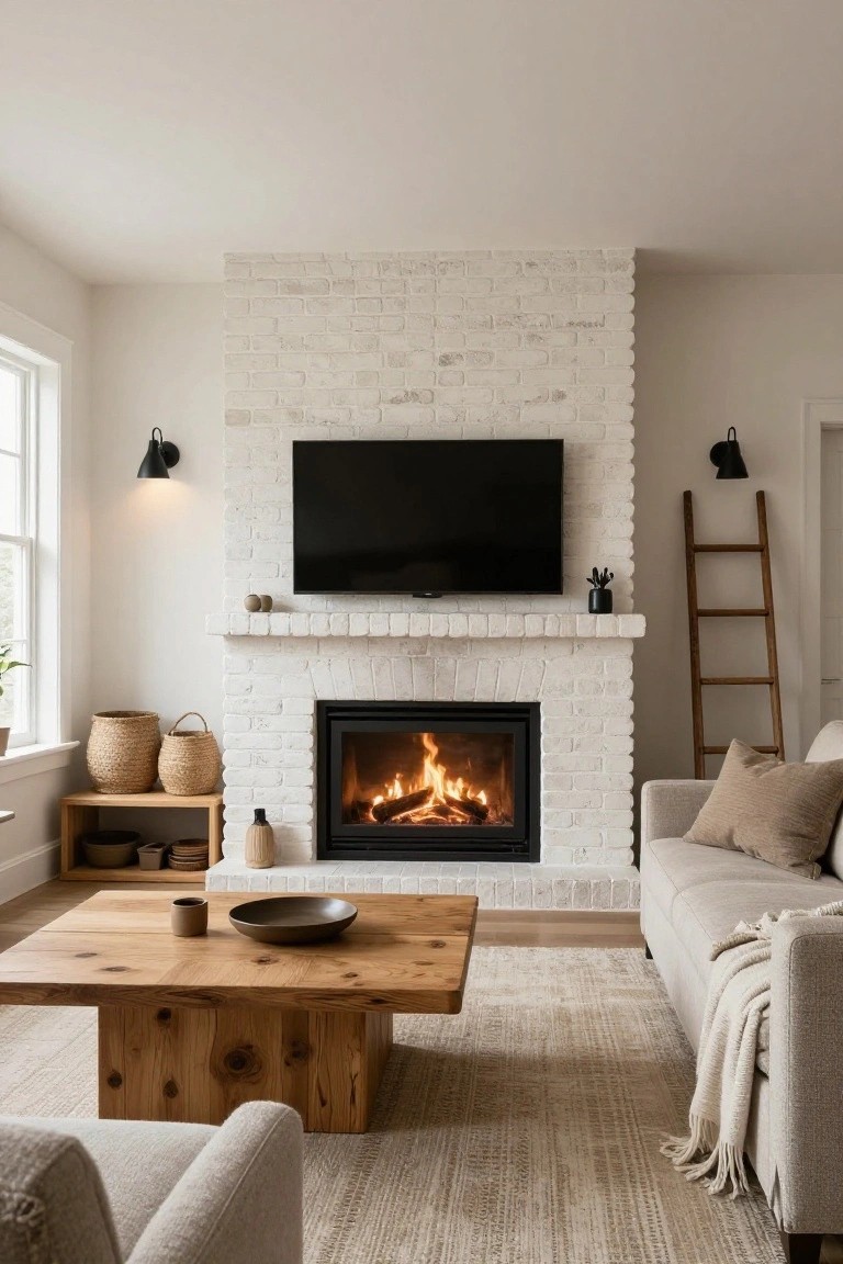Living room with white brick fireplace and burning gas fire, black TV mounted above mantel, neutral sofa with throw, live-edge wooden coffee table, seagrass baskets, wooden ladder shelf, and wall sconces.