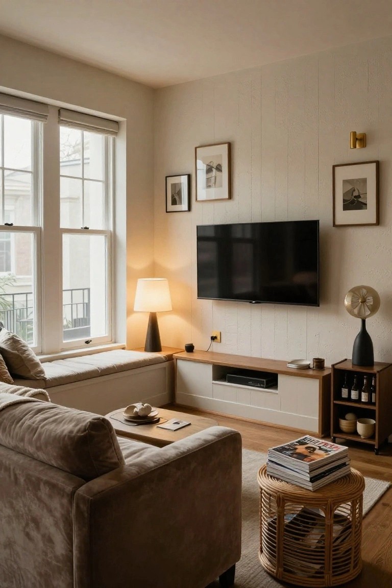 A light wood built-in window seat bench with beige cushions sits next to a matching media cabinet under a wall-mounted TV in a neutral-toned living room corner with large windows.