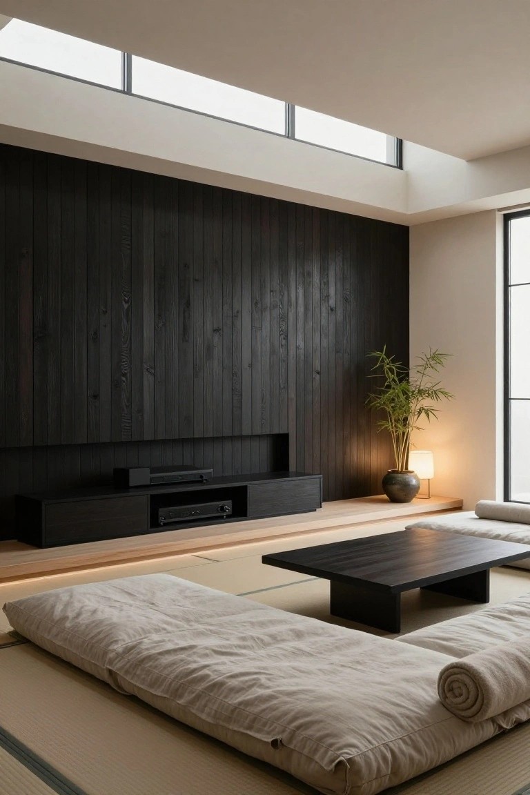 Minimalist indoor room with dark vertical wood paneling on one wall behind a low black TV console and media player, tatami mat flooring, low black table, beige futon mattress, rolled bedding, potted bamboo plant, and white lamp.