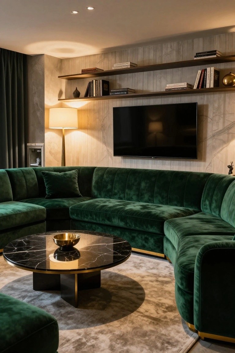 L-shaped emerald green velvet sectional sofa in a modern living room with black marble round coffee table holding a gold bowl, wall-mounted TV on textured gray wall with wood shelves, floor lamp, and neutral rug.