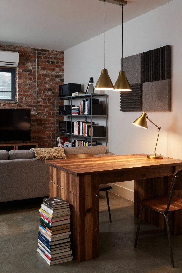 Basement living room with exposed brick walls, gray sofa, wooden desk with tall stack of books on one end, two chairs, flat-screen TV, metal shelving unit, brass pendant lights, desk lamp, and polished concrete floor.