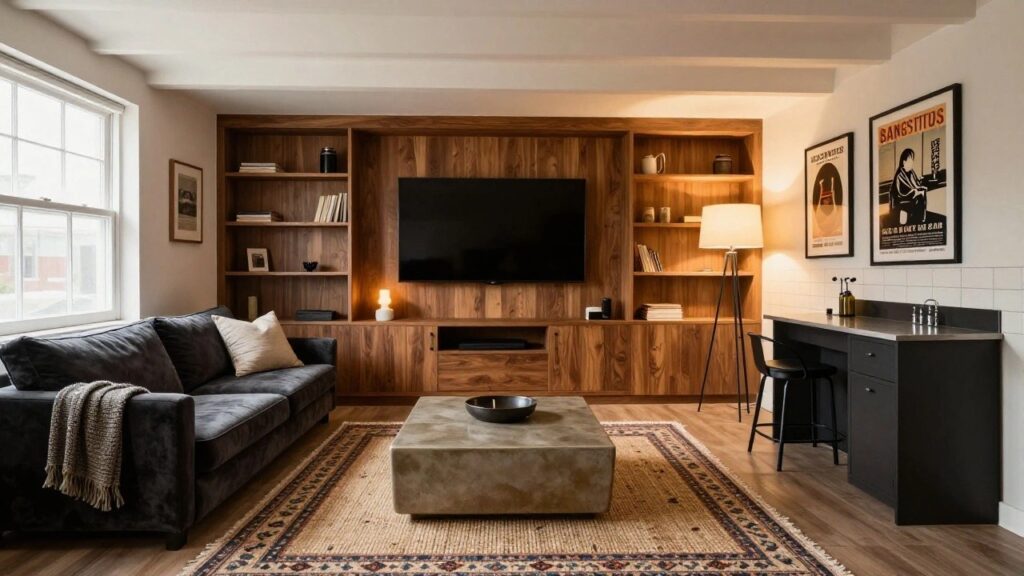 23 Brilliant Cozy Basement TV Room Ideas For Relaxed Evenings A living room with tall wooden built-in cabinets around a mounted TV, open shelves holding books and decor, gray sofas, a wooden coffee table on a patterned rug, and a floor lamp nearby.