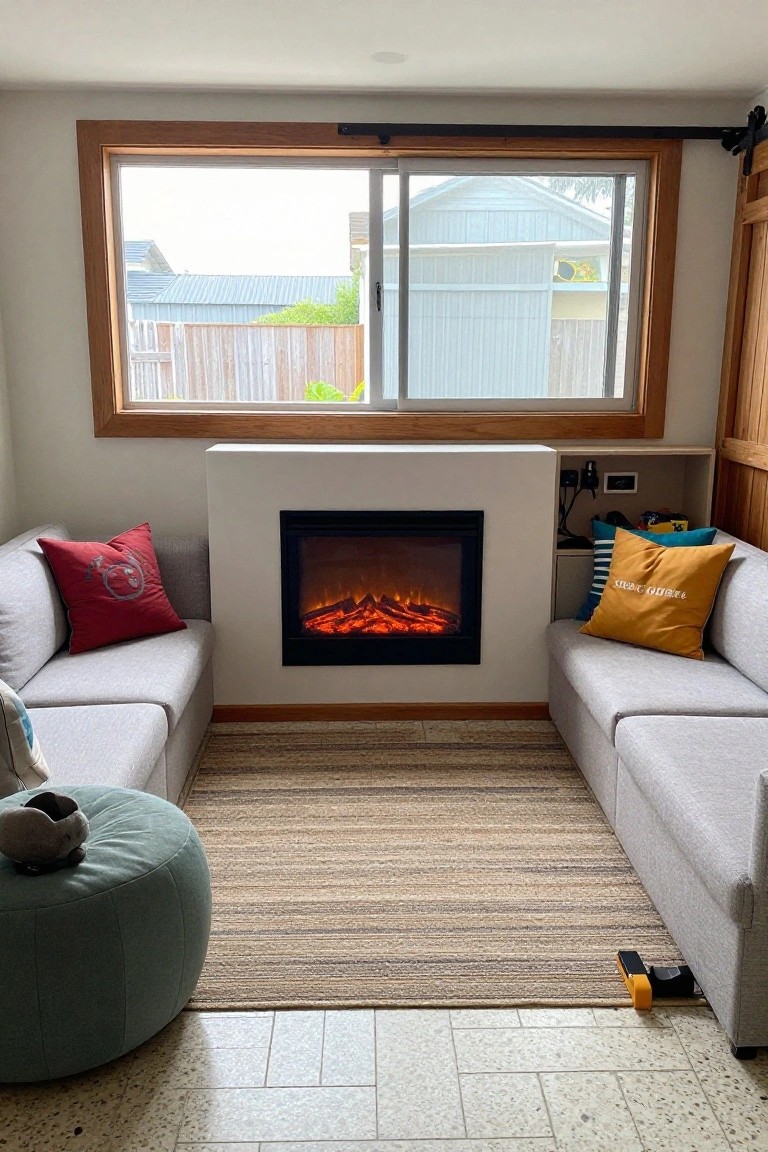 Indoor seating area featuring two gray loveseats facing a lit electric fireplace built into a white wall, with a green pouf ottoman on a seagrass rug, and a sliding window showing a backyard view.
