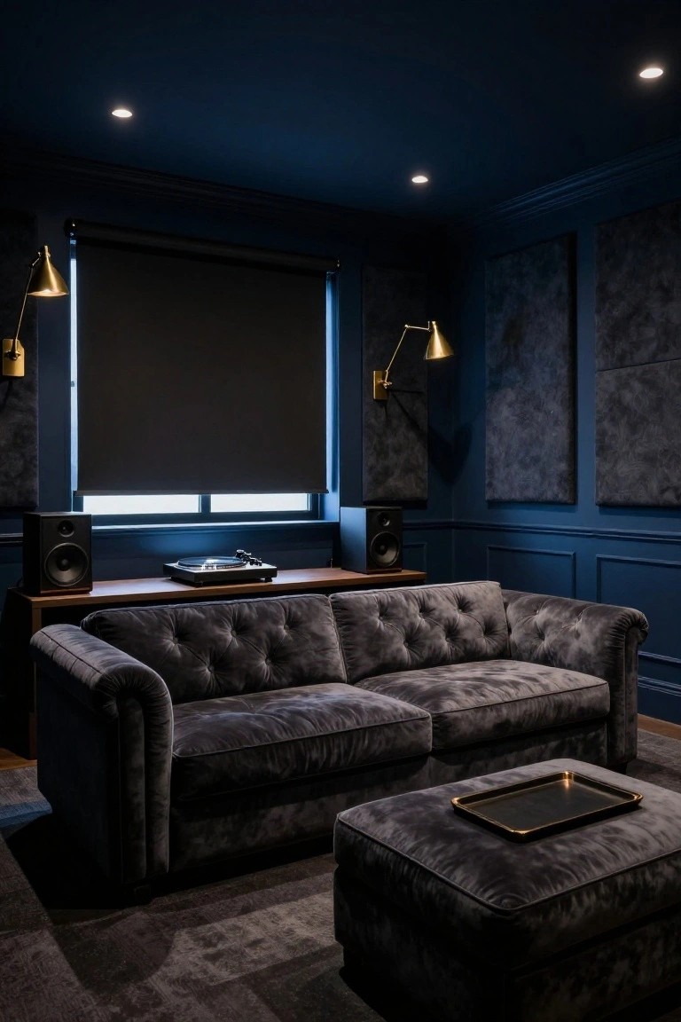 Dark navy blue interior room with tufted velvet sofa on a wood console table holding a turntable and speakers, flanked by bookshelf speakers, acoustic wall panels, gold wall lamps, and a window with blackout roller shade.