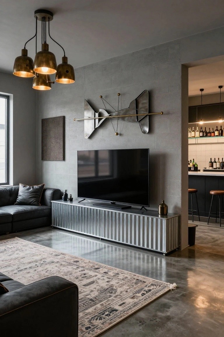 Contemporary interior room with polished concrete floor, large beige patterned area rug, black leather L-shaped sofa, corrugated metal credenza holding a large black TV, brass four-shade pendant light fixture, gray concrete block walls with metal wall sculpture, and adjacent dark bar area with wood stools and backlit liquor shelves.