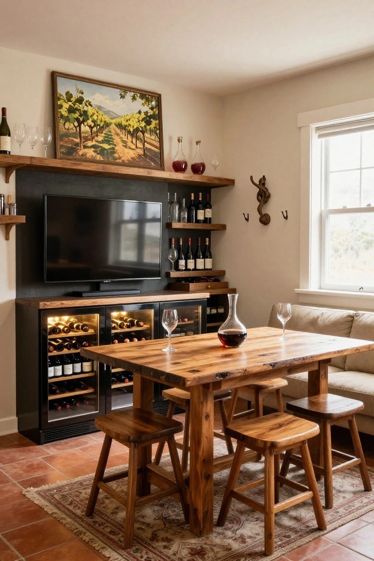 Cozy interior room with large rustic wooden table and four matching stools, black TV wall with built-in wine fridge and shelves holding wine bottles, beige sofa nearby, and wine glasses and decanter on the table.