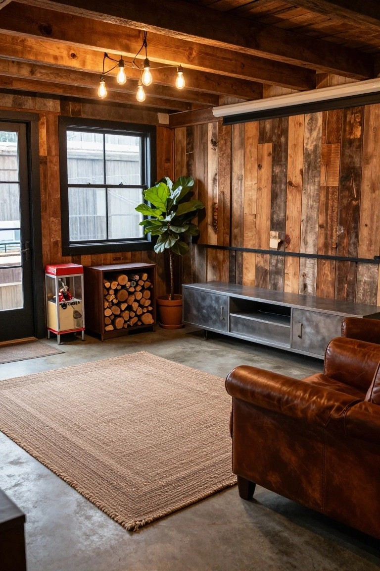 Basement TV room with vertical wood plank walls, exposed wood beam ceiling, metal media console, leather sofa, stack of firewood, red claw machine, potted ficus plant, and jute rug on concrete floor.