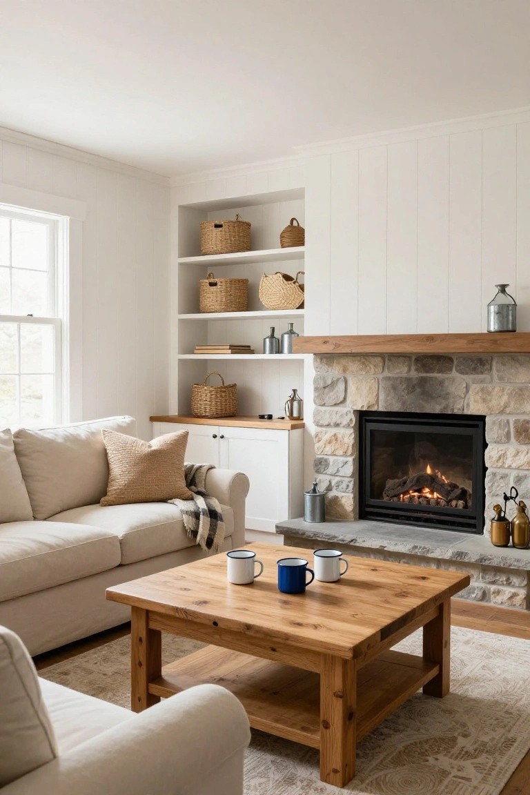 Living room with beige sofa, tan and textured pillows, plaid throw, wooden coffee table with three enamel mugs, stone gas fireplace under wood beam mantel, white shiplap walls and built-in shelves with woven baskets.
