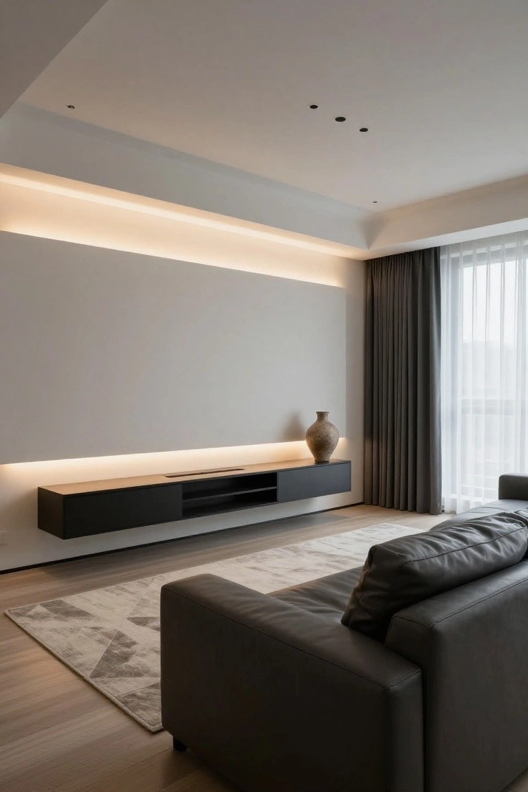Modern living room with light gray feature wall, recessed ceiling lights, horizontal LED strip lighting, floating black TV console with open shelf, terracotta vase, dark gray curtains over windows, black leather sofa on light wood floor with gray patterned rug.