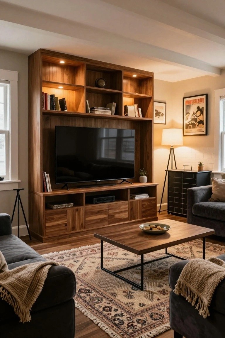 A living room with tall wooden built-in cabinets around a mounted TV, open shelves holding books and decor, gray sofas, a wooden coffee table on a patterned rug, and a floor lamp nearby.