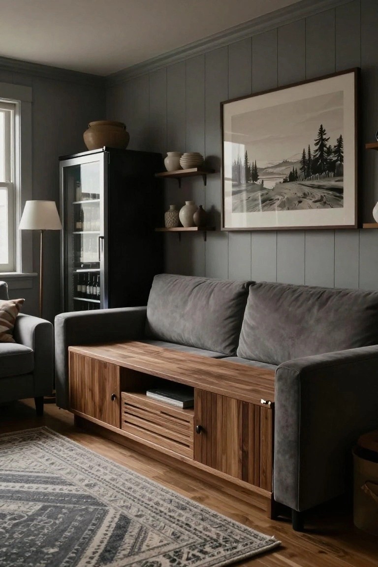 Cozy living room corner with gray velvet L-shaped sofa against wooden media console featuring slatted sides, drawers, open shelf with book, gray paneled walls, large black-and-white landscape print, glass-door wine cabinet, ceramic pots on shelves, floor lamp, armchair, and patterned rug on wood floor.
