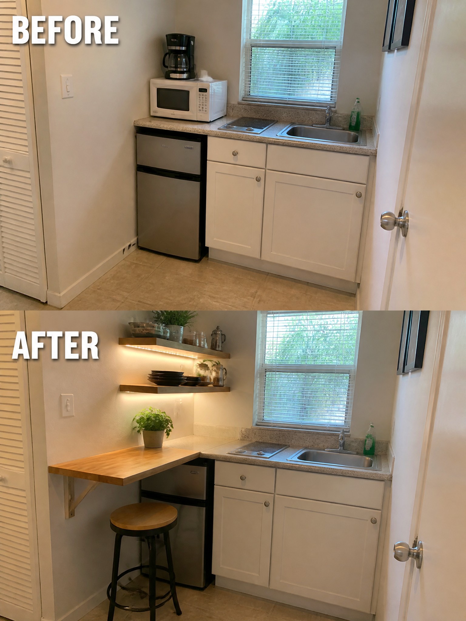 A kitchen before and after renovation, featuring a new wooden countertop and shelving.