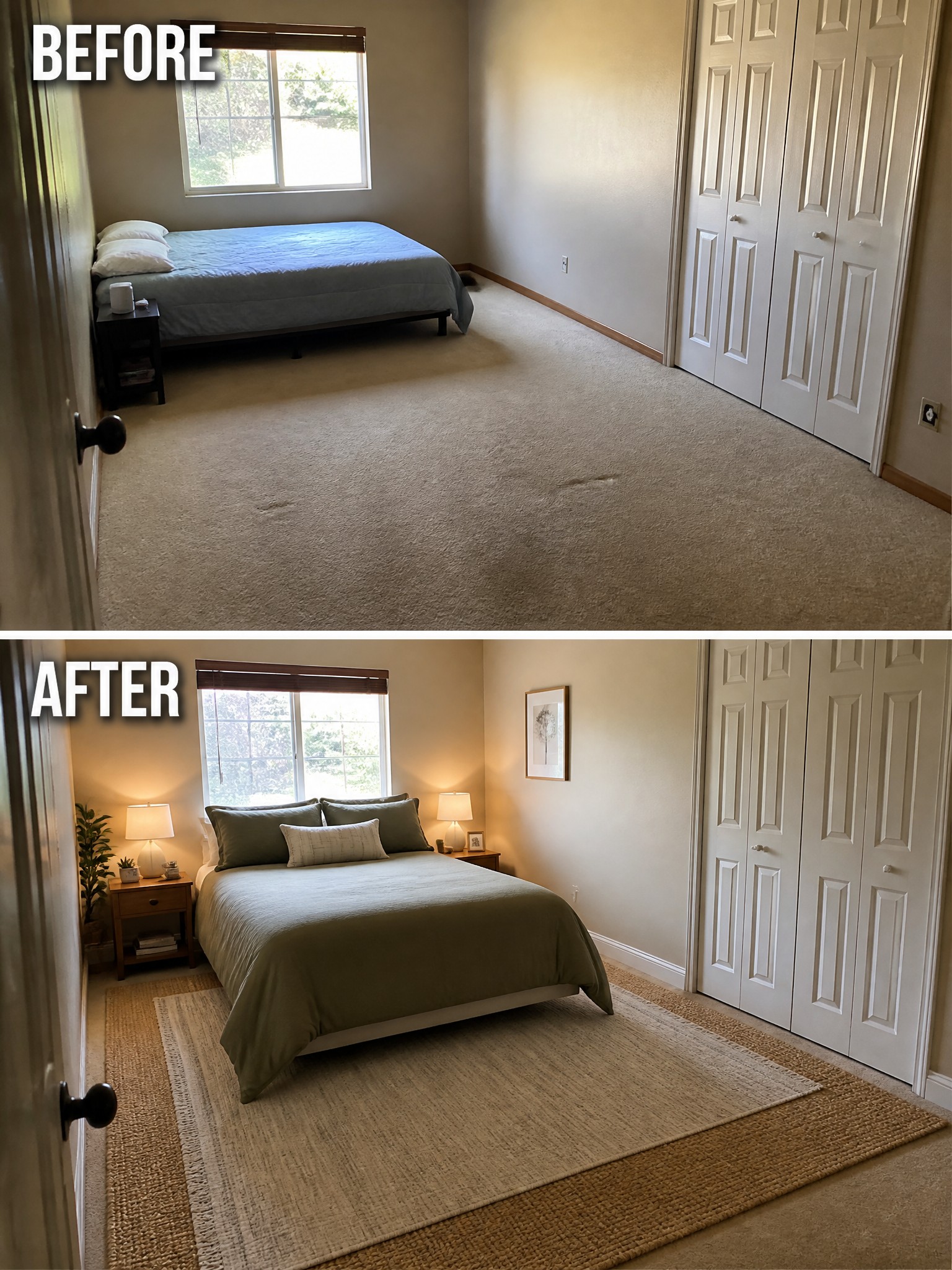 Before-and-after room transformation showing a cozy bedroom with a styled bed and decor.