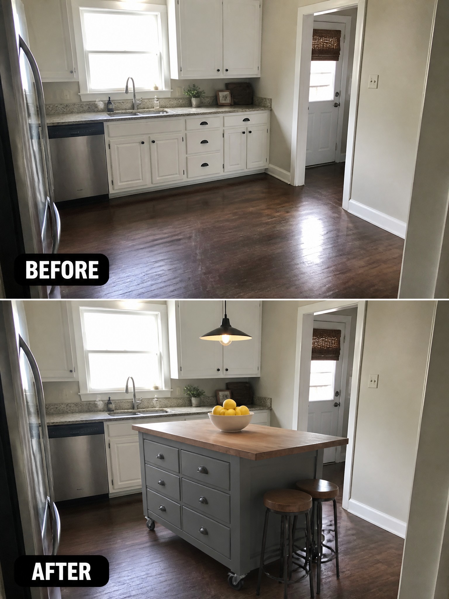 Before and after kitchen transformation featuring a gray island, wooden countertop, and decorative lemons.