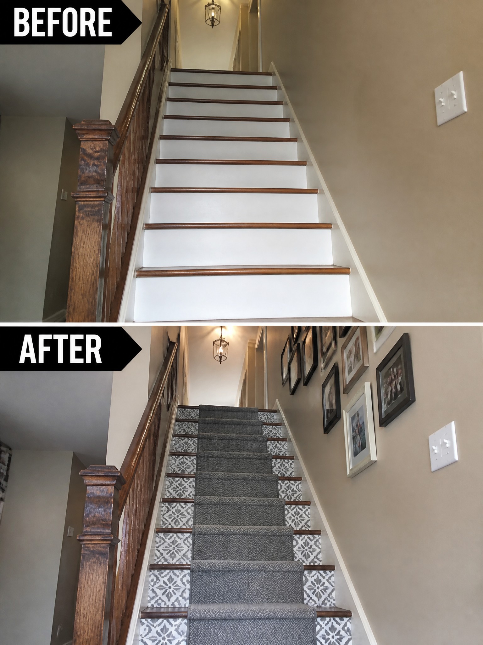 Staircase transformation showing plain white steps in "before" and patterned carpeted steps in "after.