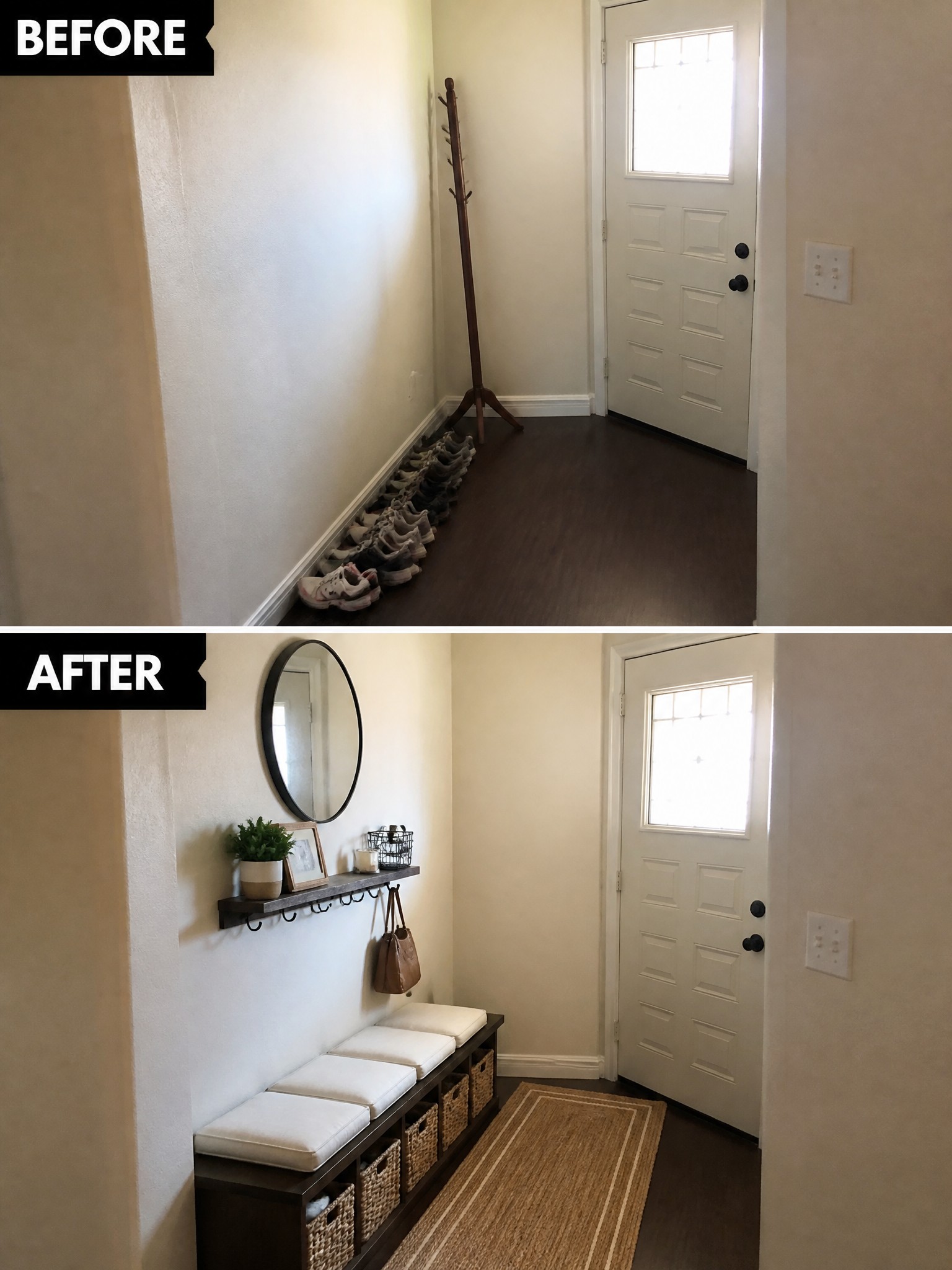 Before-and-after image of a cluttered entry hallway transformed into an organized space with a storage bench, wall shelf with hooks, mirror, and rug.