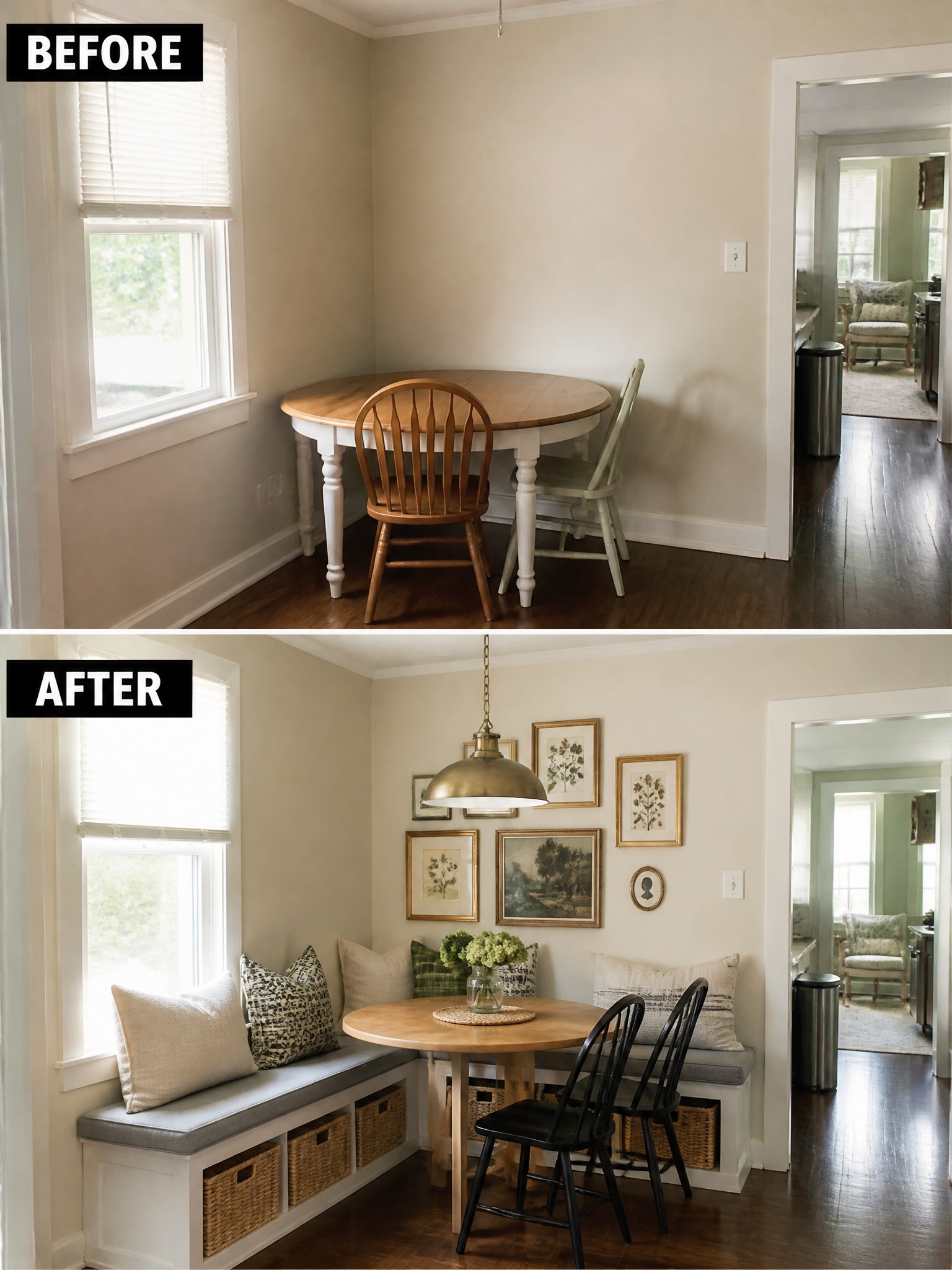 Before and after of a dining nook, featuring a circular table, chairs, and a bench.