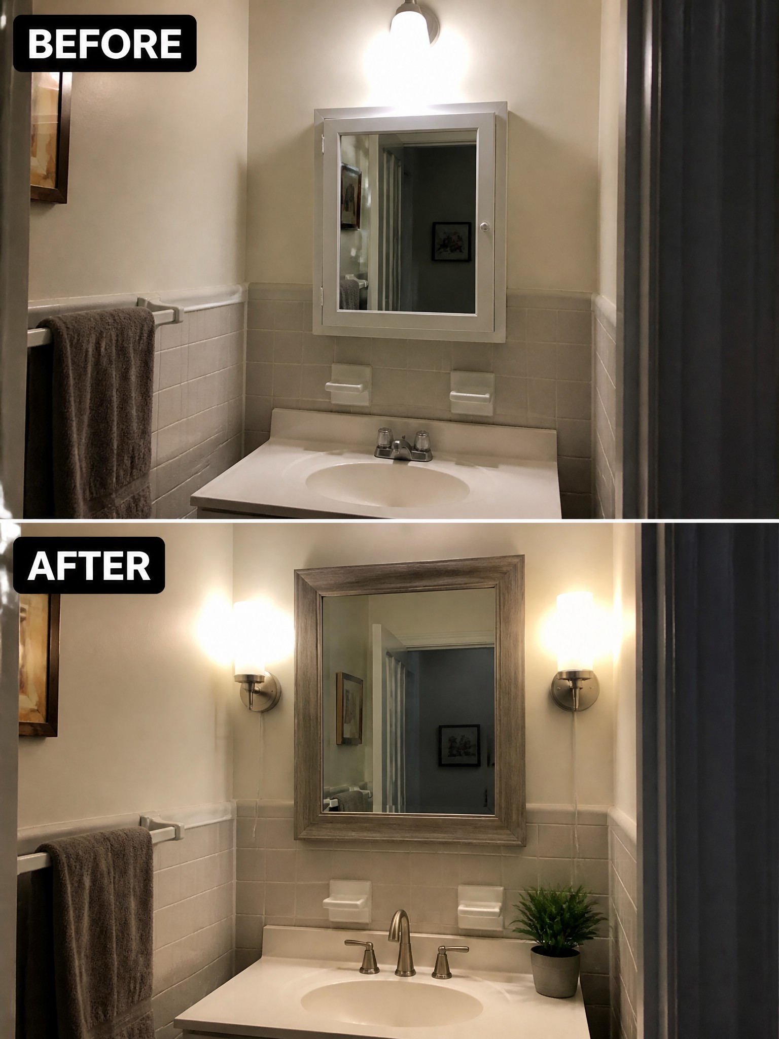 Bathroom transformation: before and after, featuring updated lighting, framed mirror, and decor.