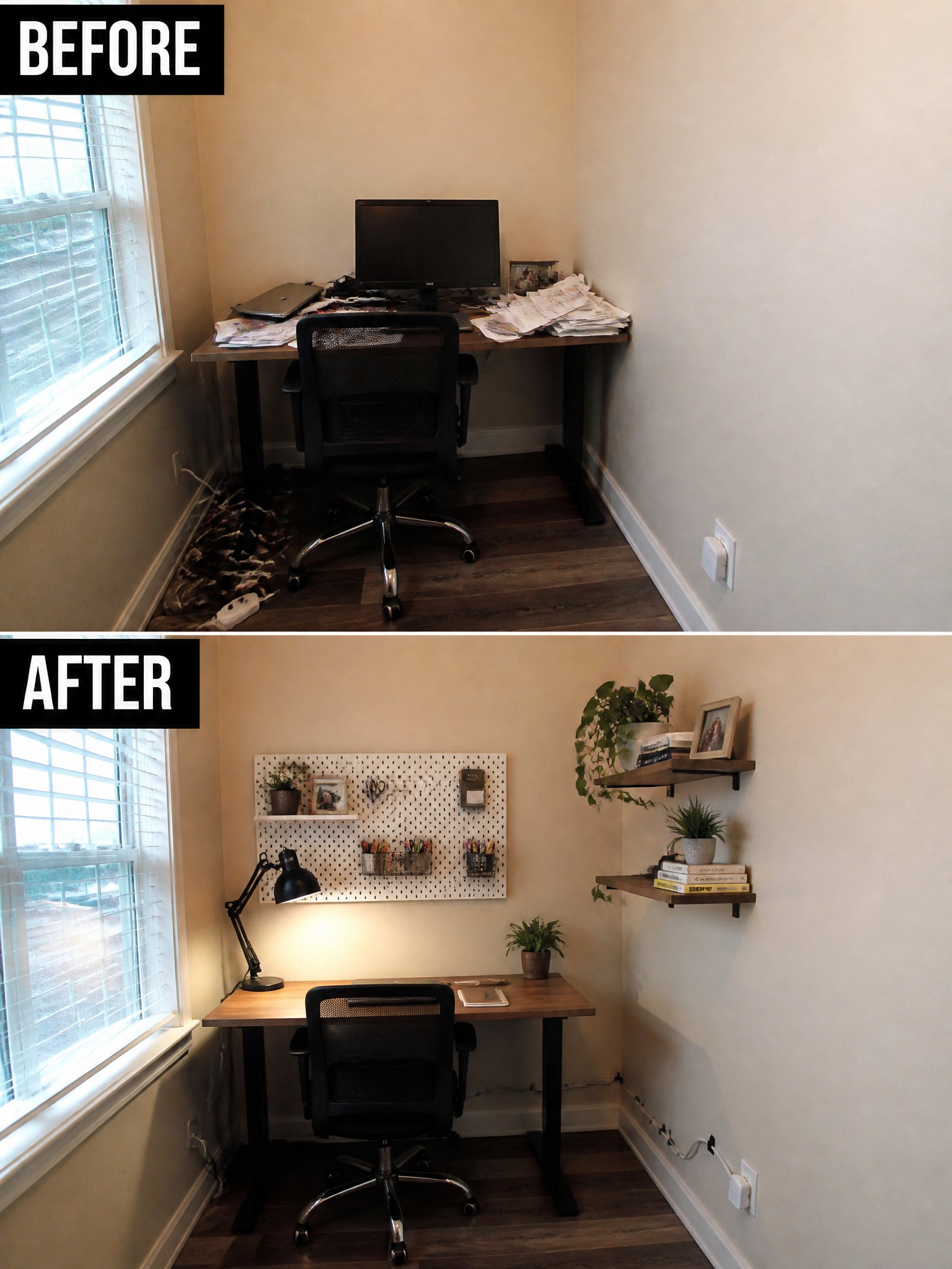 Before-and-after image of a cluttered desk area updated with a pegboard organizer, floating shelves, and plants for a cleaner workspace.