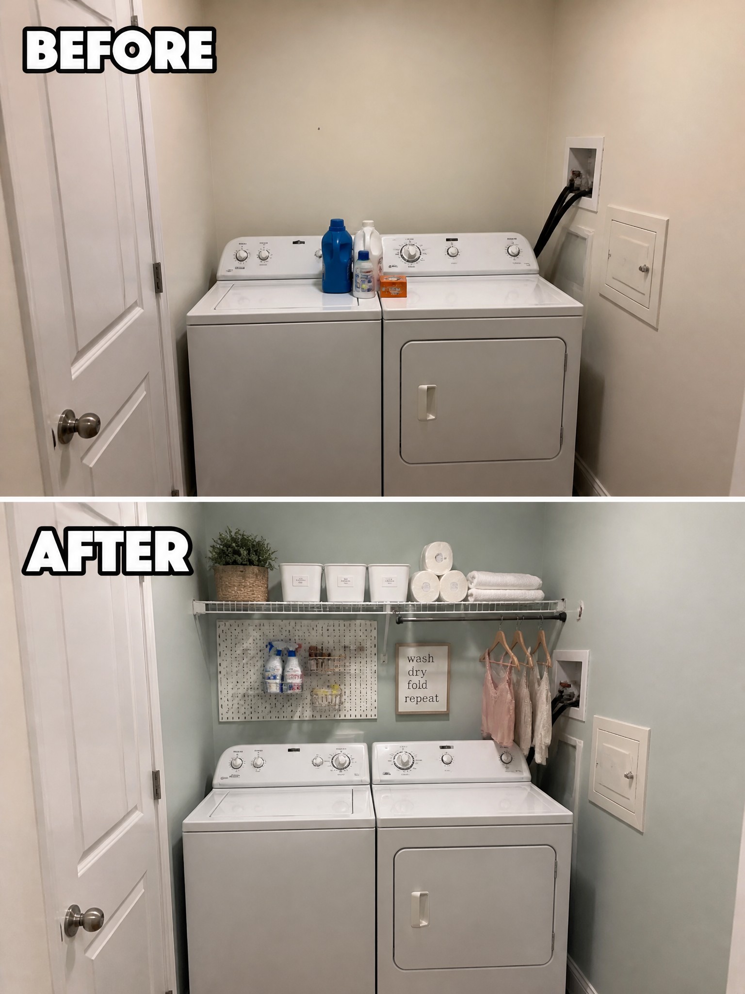 Laundry room transformation: organized shelves, decorative plants, and neatly hung clothes.