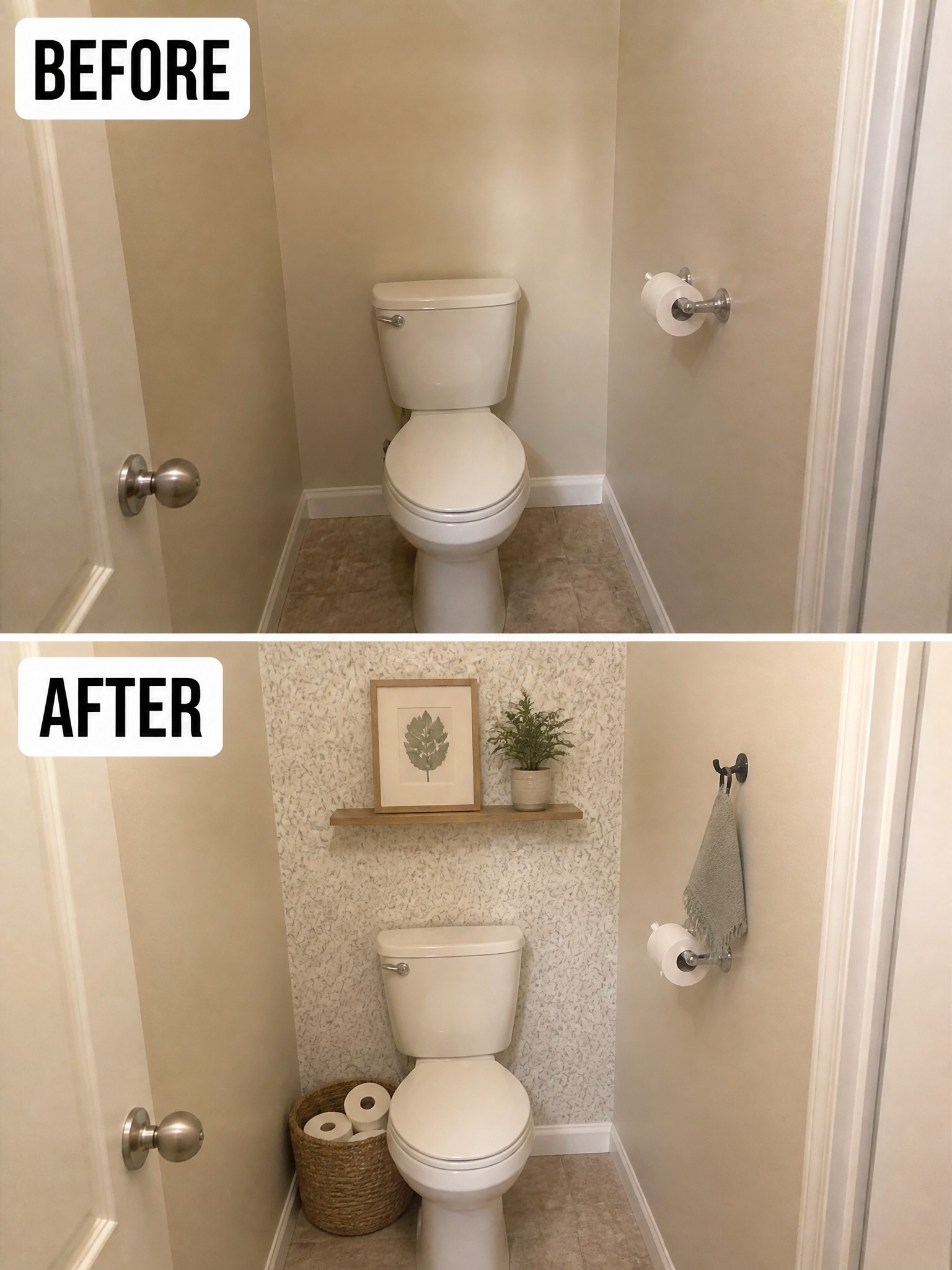 Before-and-after image of a plain bathroom updated with wallpaper on the back wall, a floating shelf, and simple accessories.