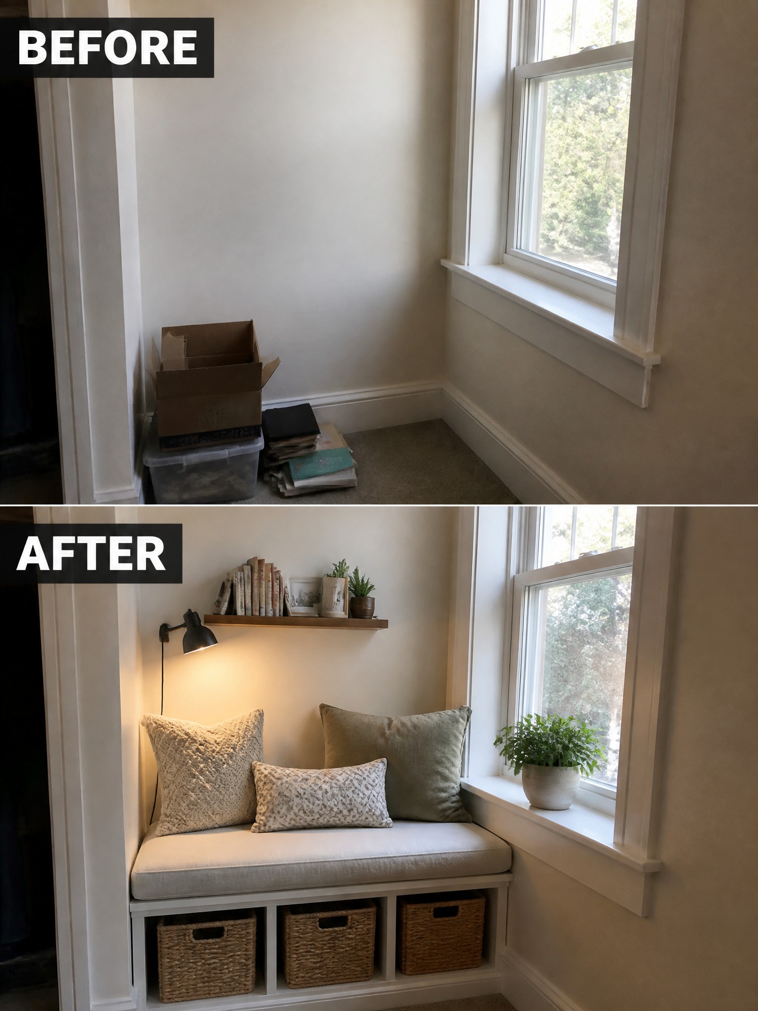 Before-and-after image of a cluttered empty corner transformed into a window seat with a cushioned bench, pillows, a floating shelf, and storage baskets underneath.