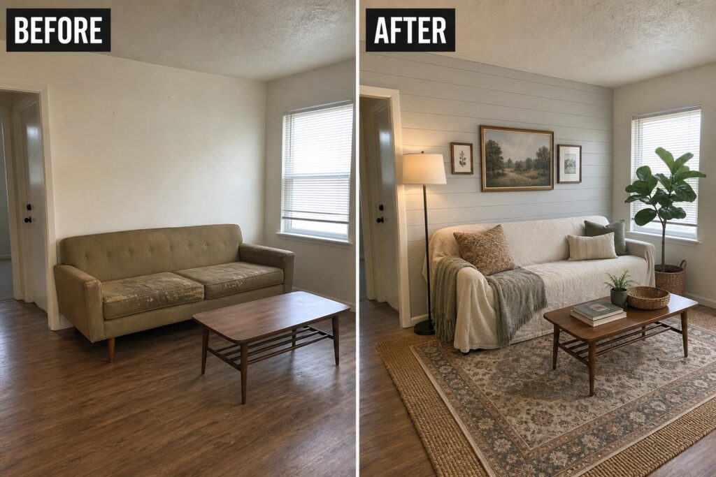 Before-and-after image of a plain living room transformed with a rug, slipcovered sofa, wall paneling, art, and a floor lamp.
