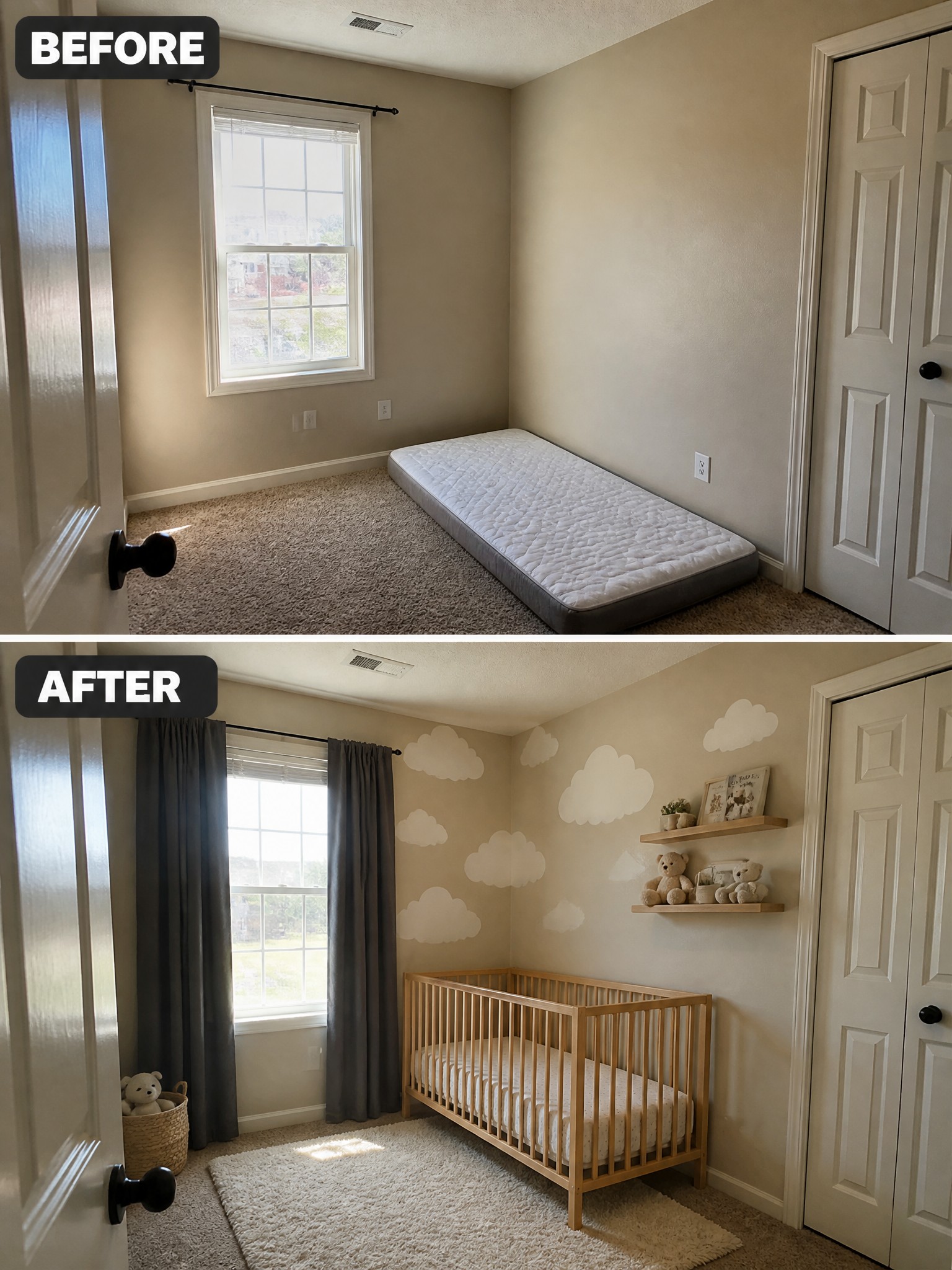 Before-and-after image of a plain bedroom with a mattress on the floor transformed into a nursery with a wooden crib, gray curtains, a white rug, and cloud wall decals.