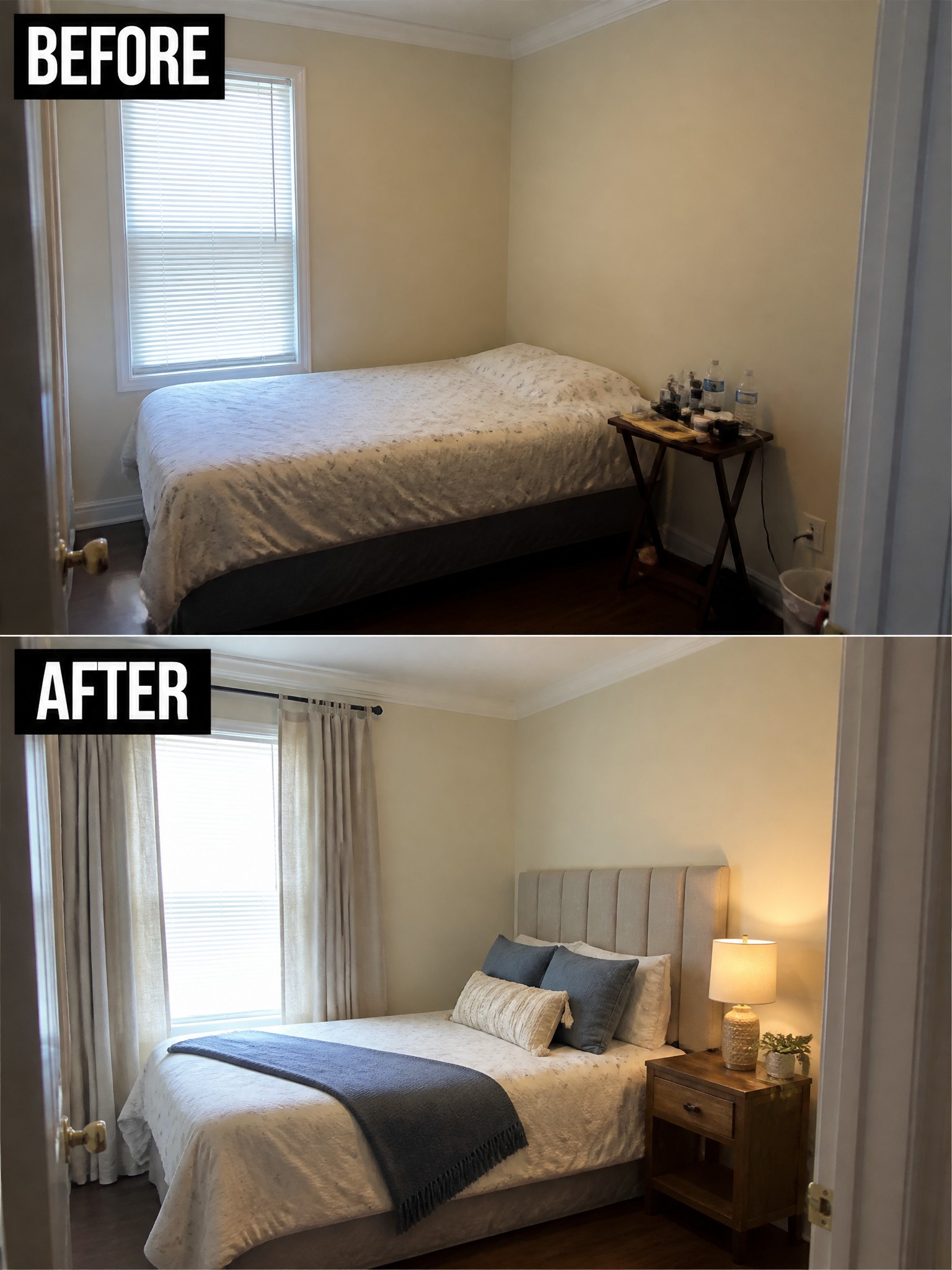 Before-and-after image of a plain bedroom updated with curtains, a headboard, pillows, and a bedside lamp.