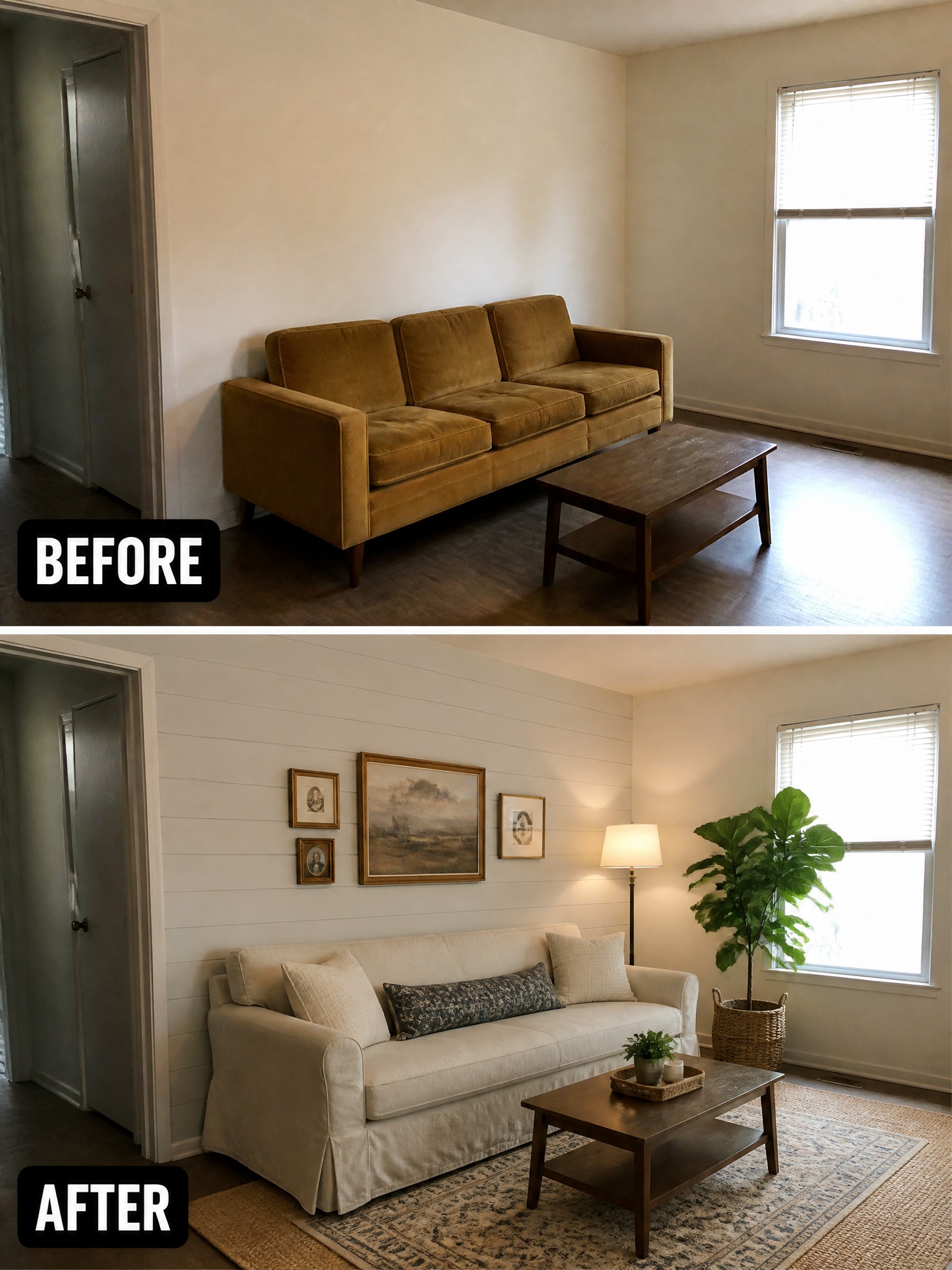 Before-and-after image of a plain living room transformed with a rug, slipcovered sofa, wall paneling, art, and a floor lamp.