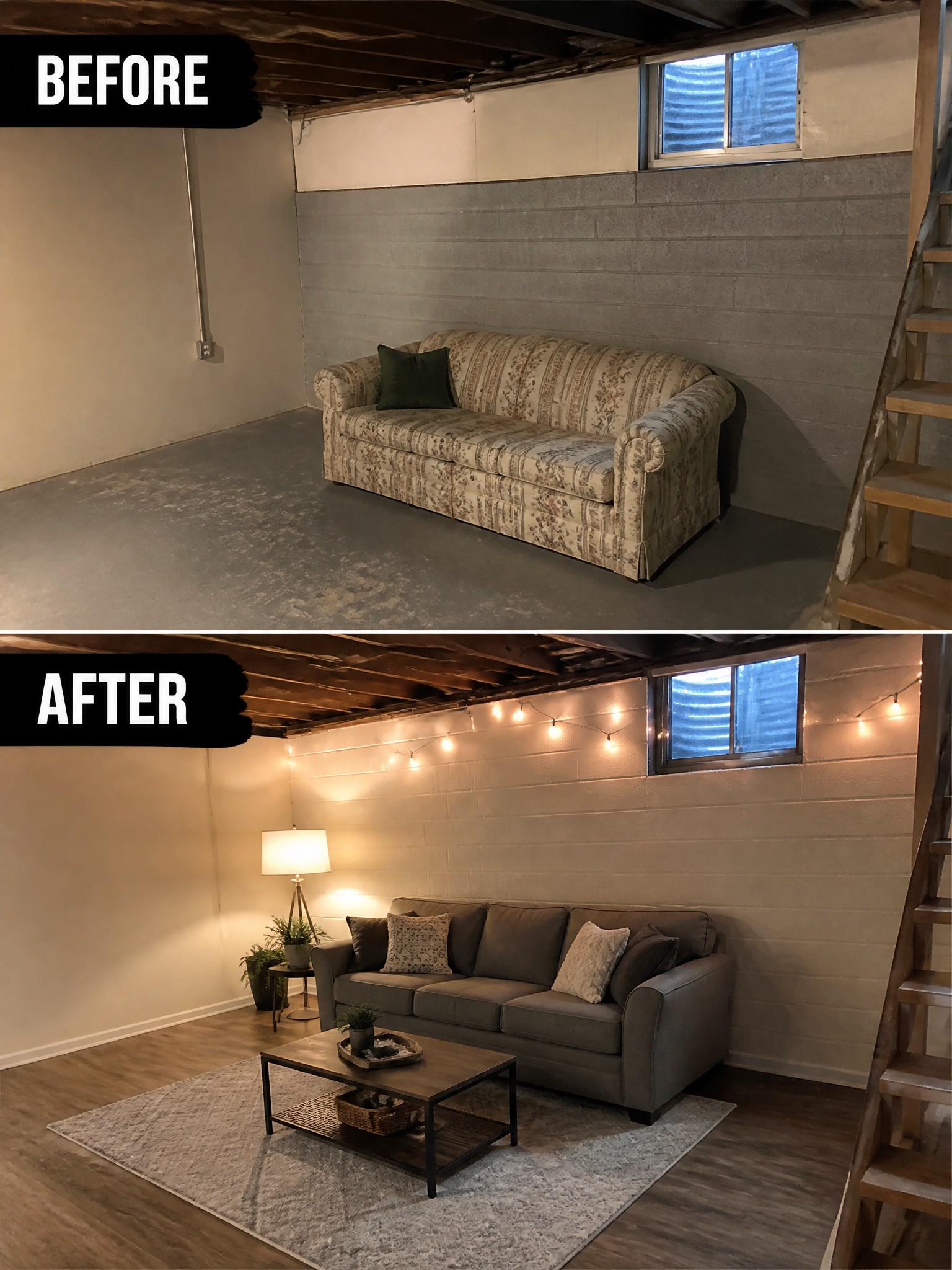 Before and after of a basement transformation featuring cozy furniture and ambient lighting.