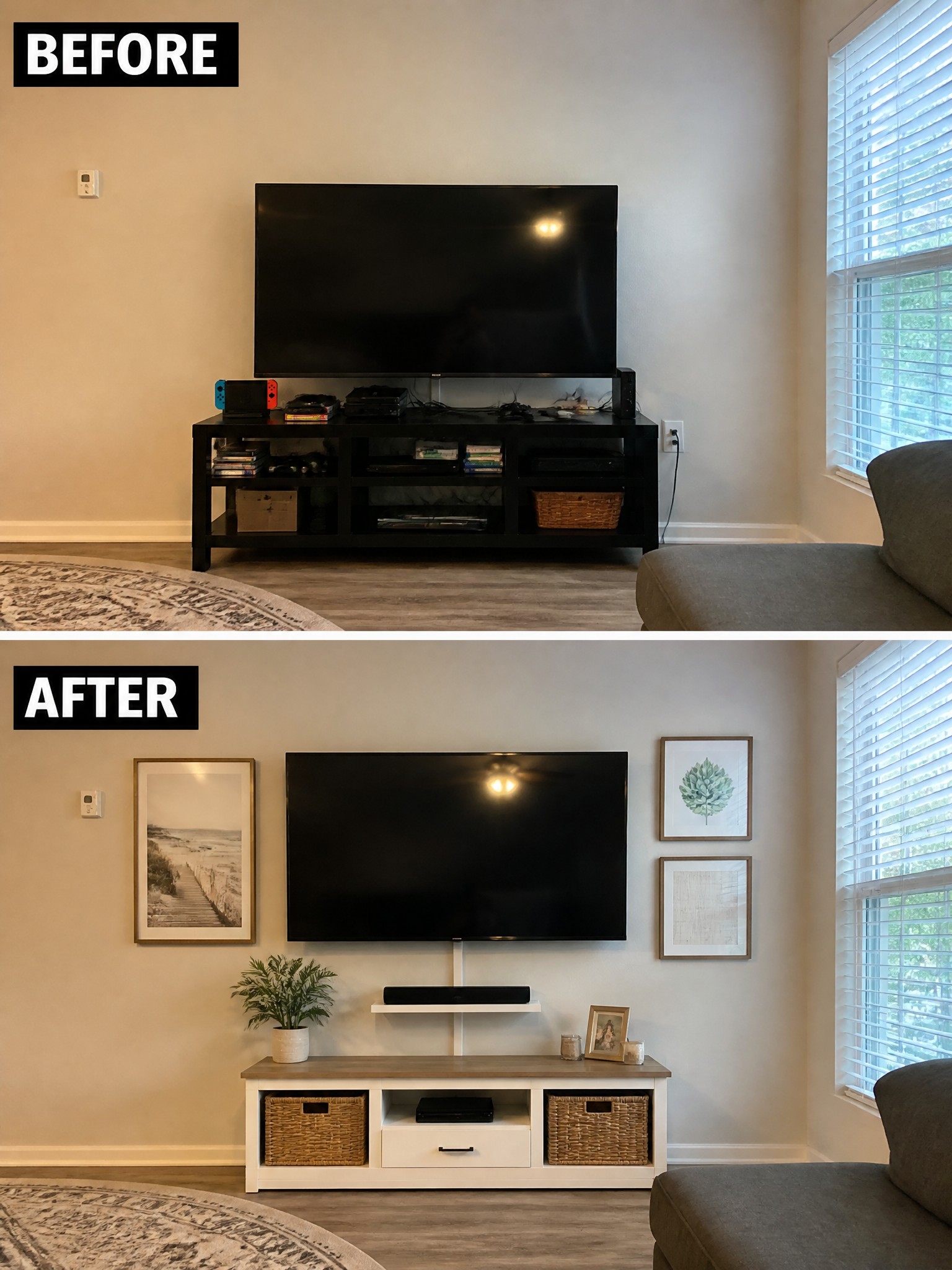 Before-and-after living room transformation featuring a TV, shelves, and decorative elements.