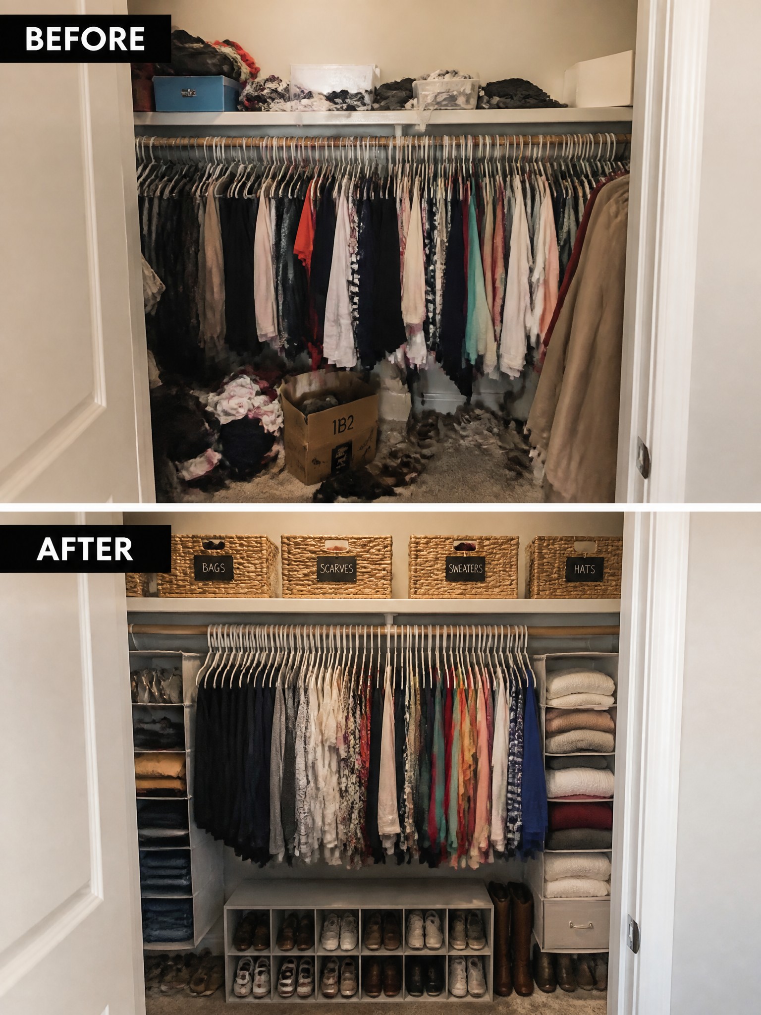 Before-and-after image of a cluttered closet reorganized with labeled baskets on the top shelf, a hanging organizer on the side, and a shoe cubby at the bottom.