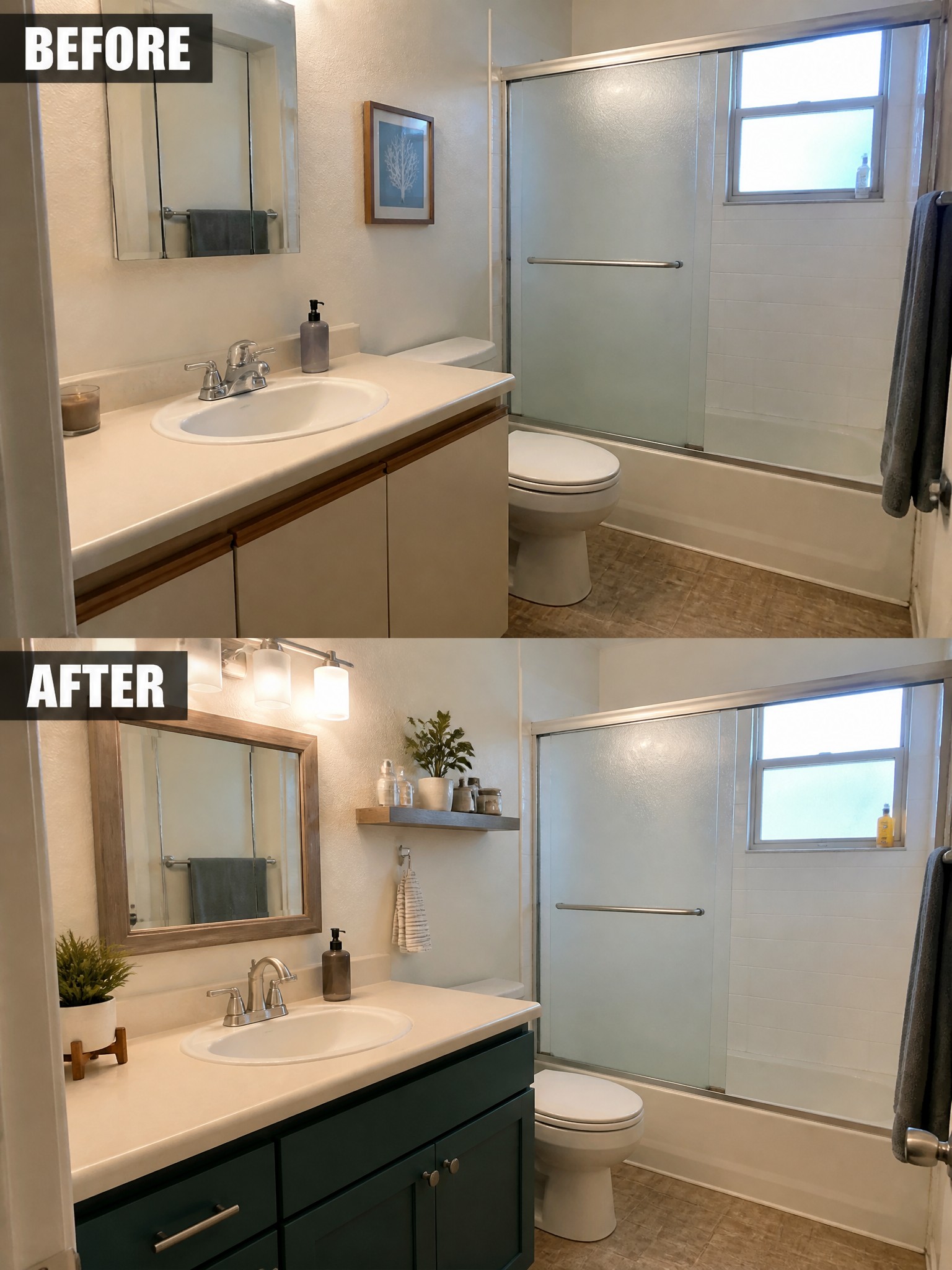 Before-and-after image of a bathroom with the vanity changed from beige to dark green, a new wood-framed mirror, and updated lighting above the sink.