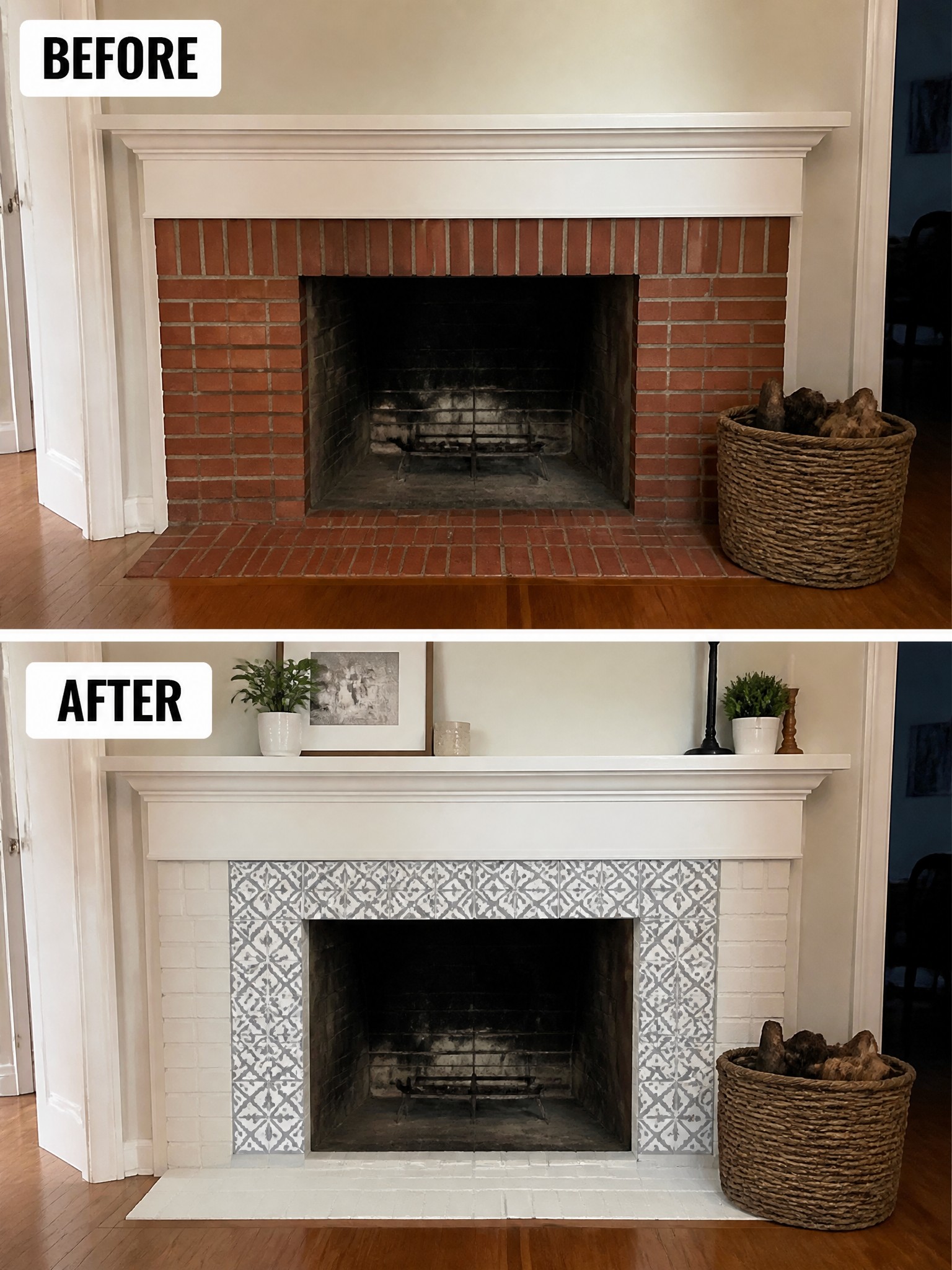 Before-and-after comparison of a brick fireplace, updated with decorative tile and white paint.