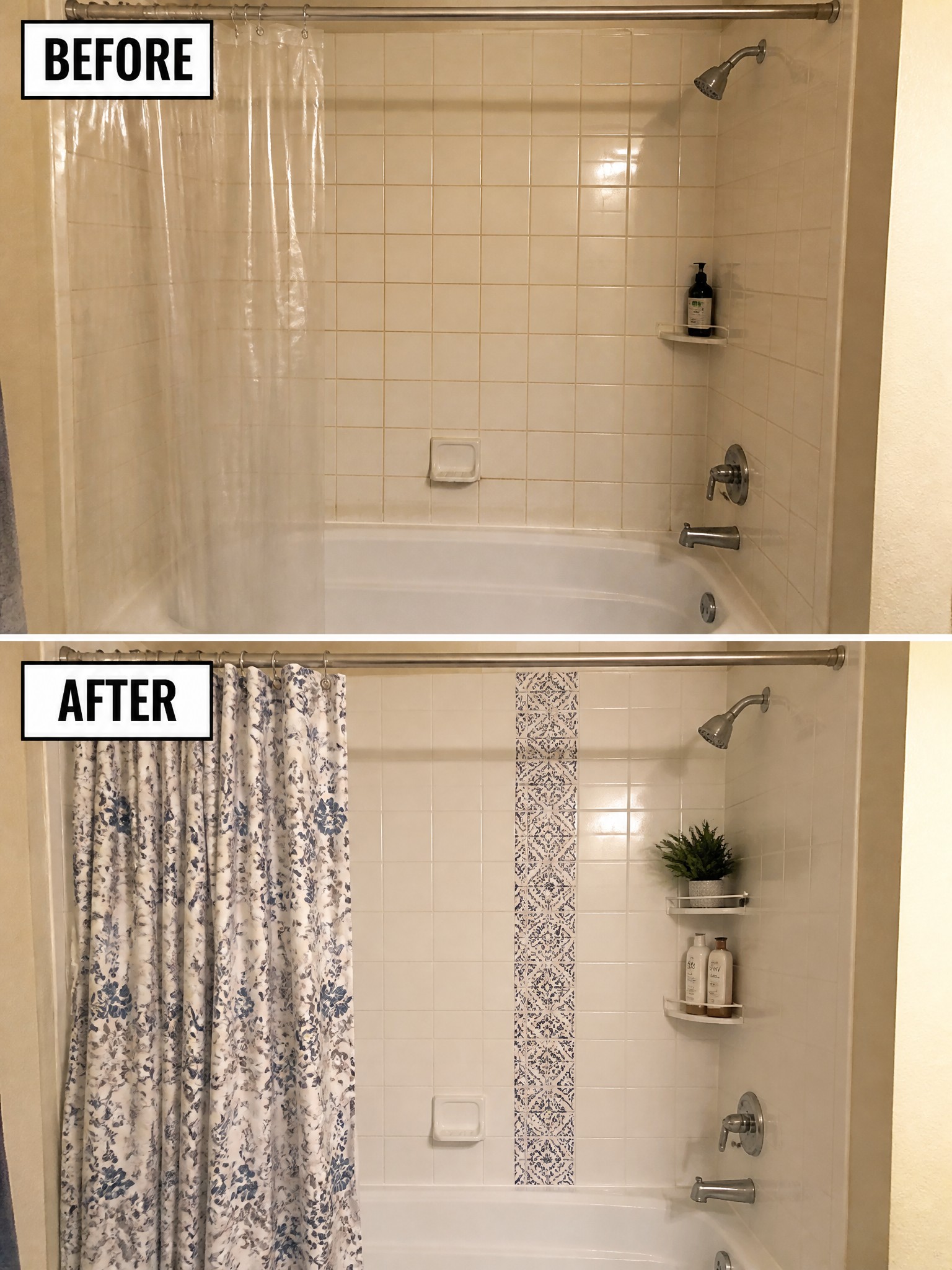 Bathroom shower before and after: plain tiles transformed with patterned curtain and decor.