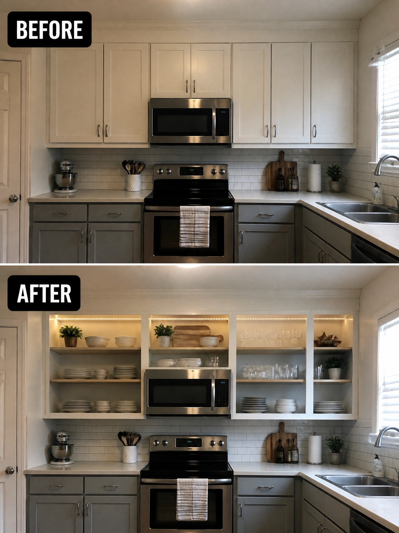Before and after kitchen renovation showing updated shelving, lighting, and organized dishware.