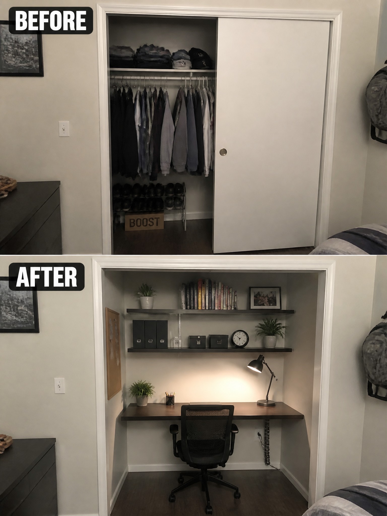 Before: cluttered closet with clothing and shoes. After: transformed workspace with desk, shelves, and plants.