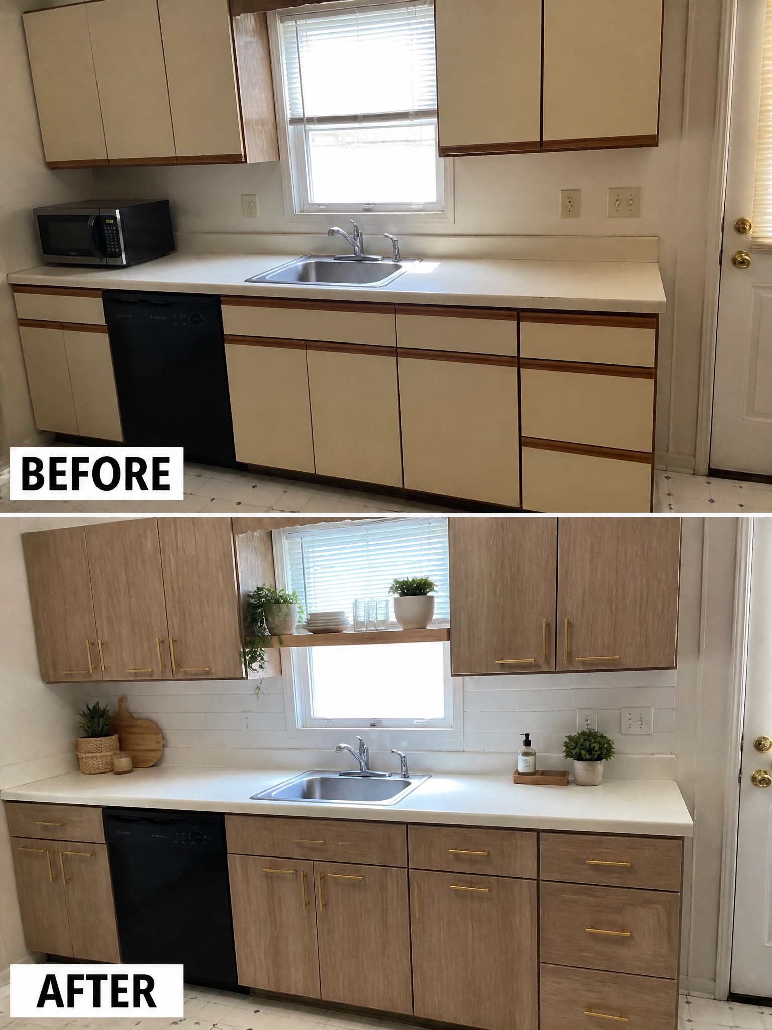 Before-and-after kitchen renovation showcasing light cabinets and modern gold hardware.