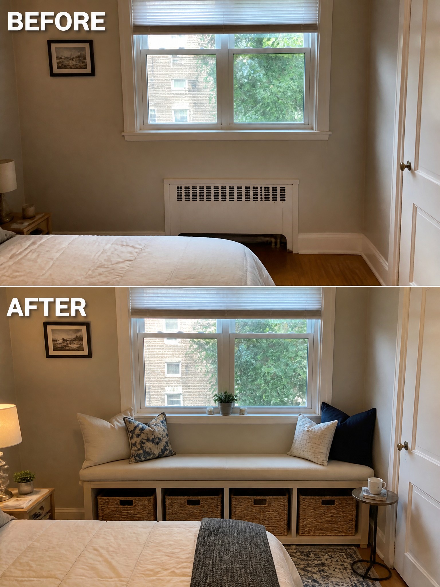 Before and after transformation of a bedroom, featuring a cozy window bench with storage.