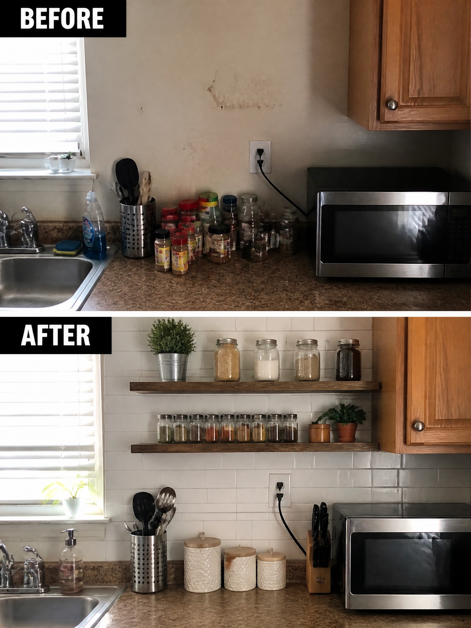 Before-and-after image of a cluttered kitchen counter with loose spice jars changed into an organized setup using two wooden wall shelves.