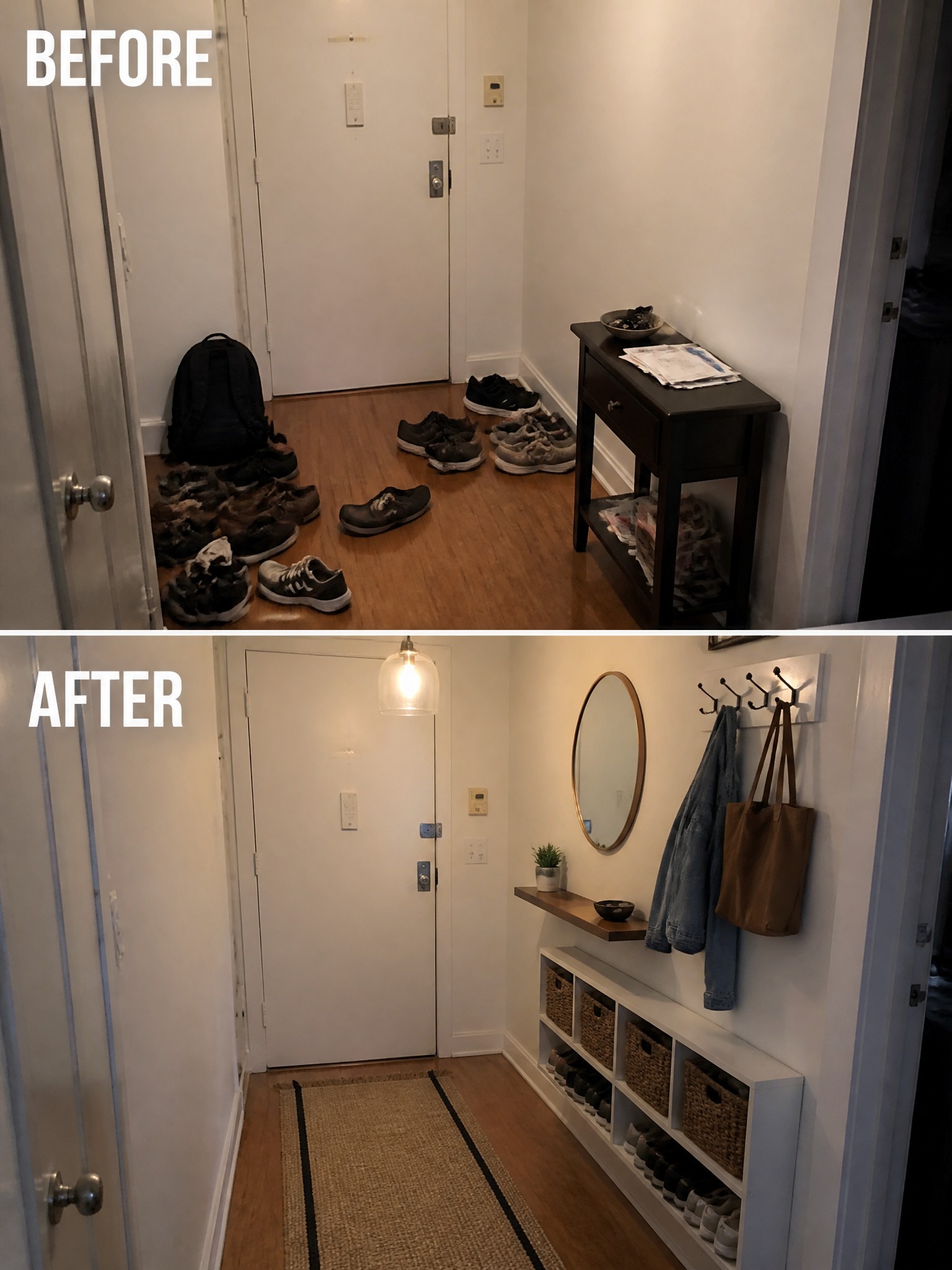 Before and after hallway transformation with organized shoes, hooks, and minimal decor.