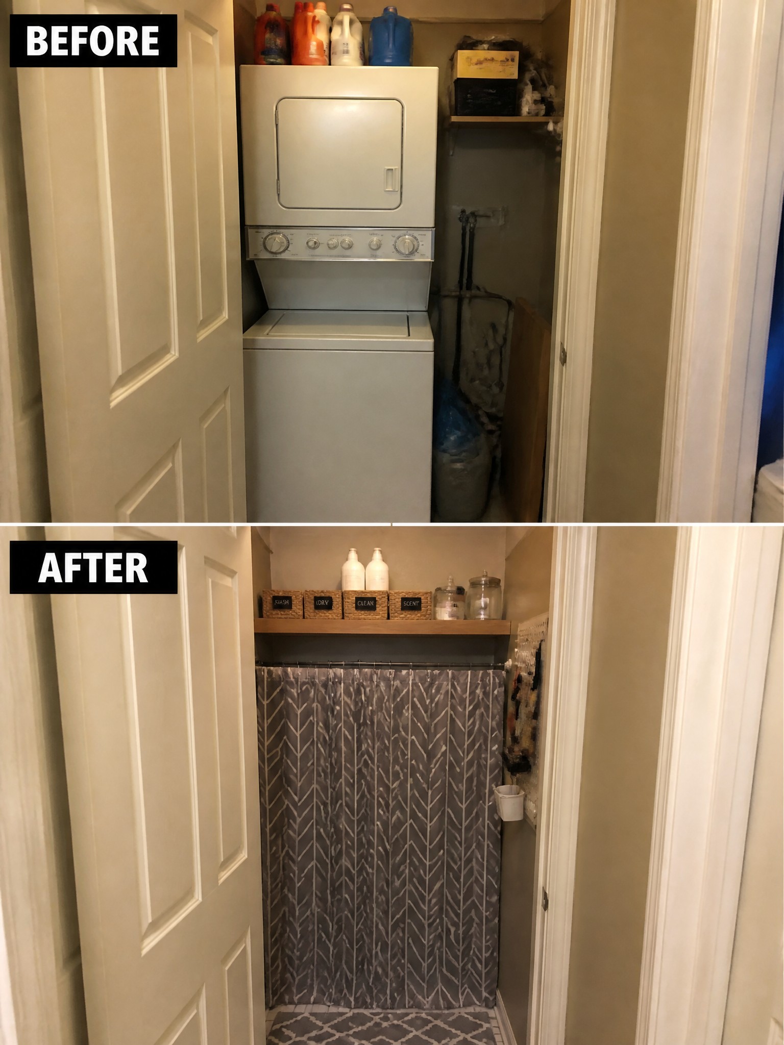 Laundry area transformed from cluttered with machines to organized with shelving and curtains.